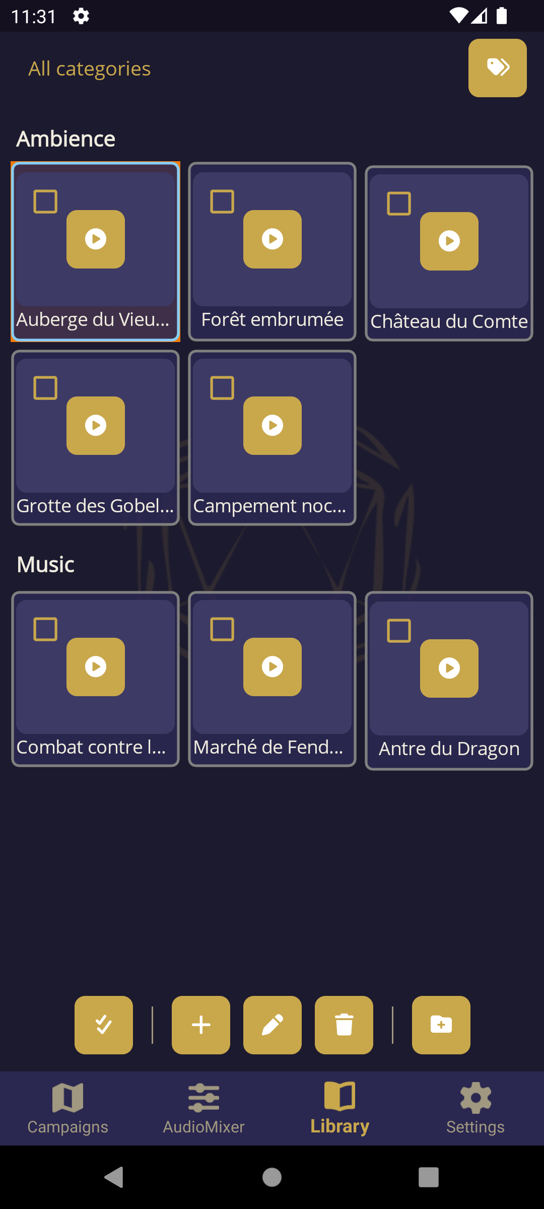 Bibliothèque audio groupée par catégorie
